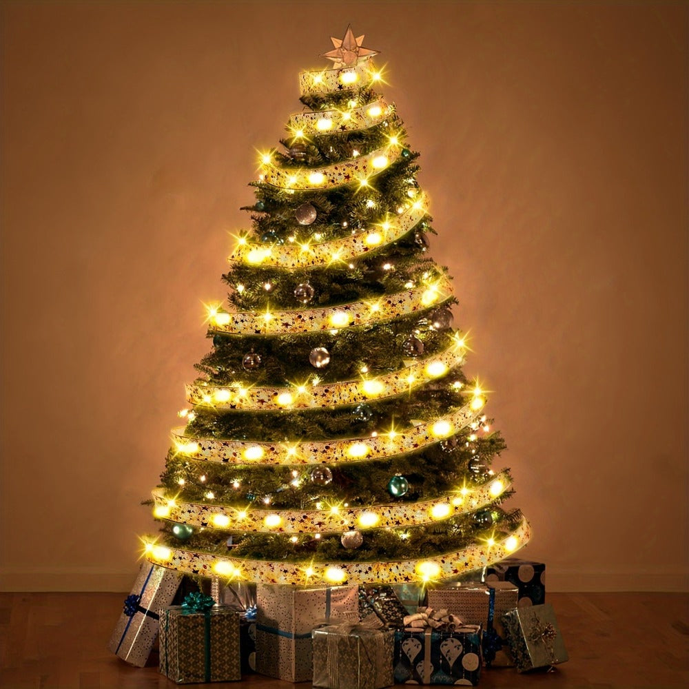 String Lights, 32.8-Foot Golden Warm White Ribbon Garland with Battery Power for Indoor Holiday Decor