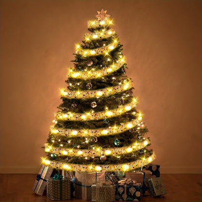 String Lights, 32.8-Foot Golden Warm White Ribbon Garland with Battery Power for Indoor Holiday Decor