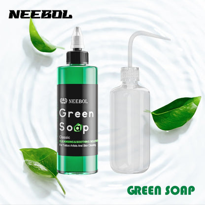 Tattoo Green Soap Cleaning Kit Neebol 8.5oz Concentrated Soap Squeeze Bottle Moisturizing Balm Cream Lint-Free Wipes Complete Skin Care Set Before After Tattooing Body Art