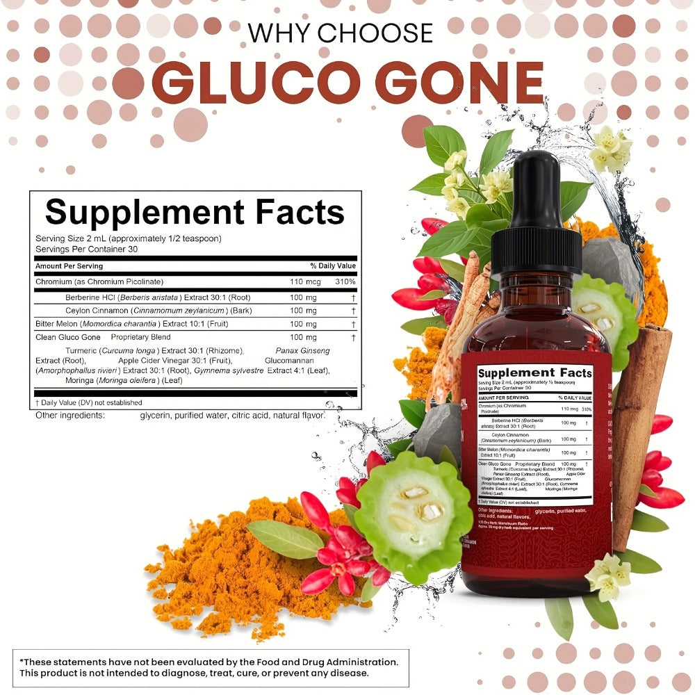 Blood Sugar Support Liquid Drops with Ceylon Cinnamon Berberine Bitter Melon Gymnema Chromium Turmeric Panax Ginseng — Vegan Glucose Metabolism Drops | 2.03 fl oz