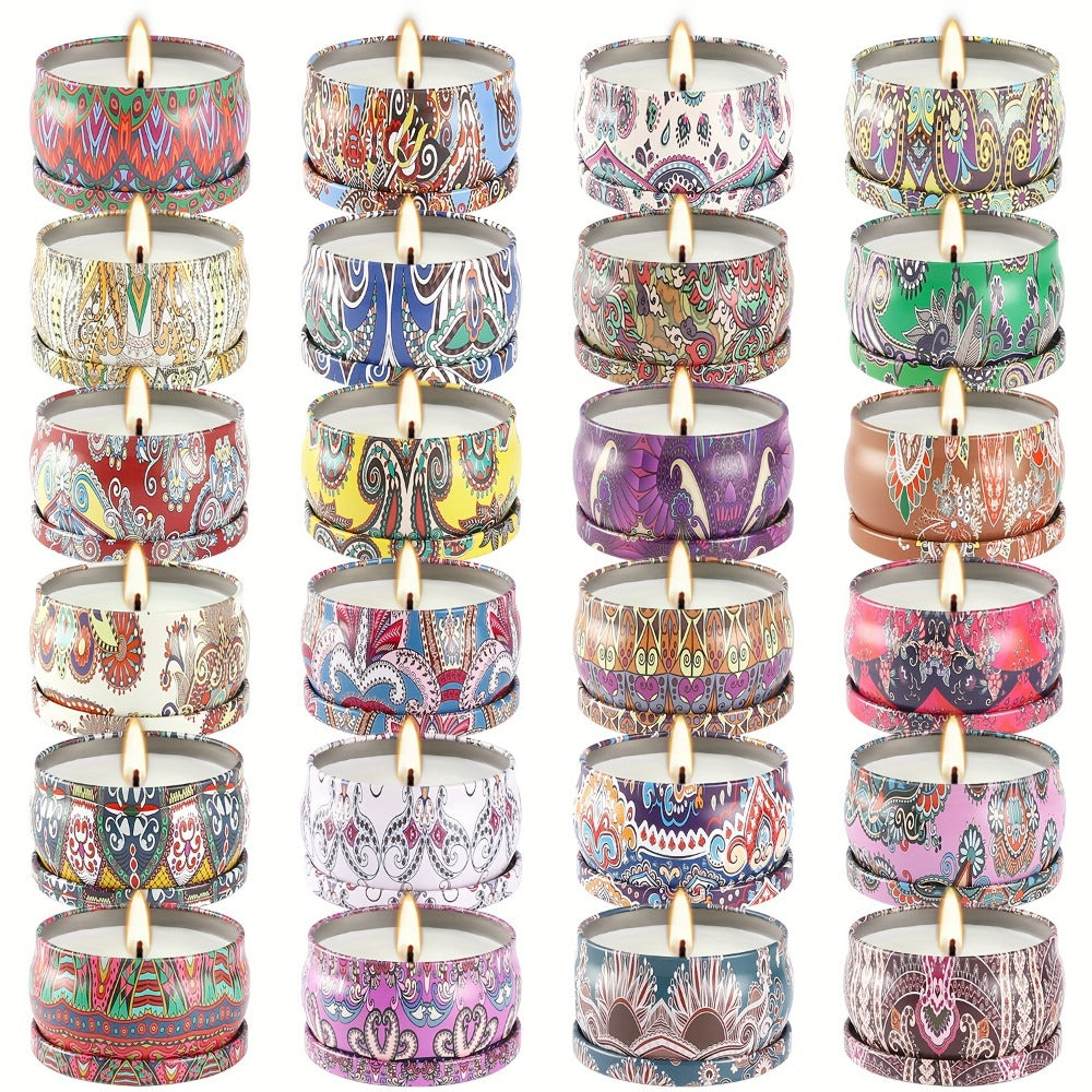 24-Piece Candle Gift Set with Lidded 2.5oz Decorative Travel Tins and Multicolor Fragrance Labels