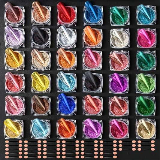 Chrome Holographic Nail Powder Set 36 Colors – Mirror Chrome Glitter Pigment Dust Kit for Gel Nails Acrylic Manicure DIY Nail Art Decoration