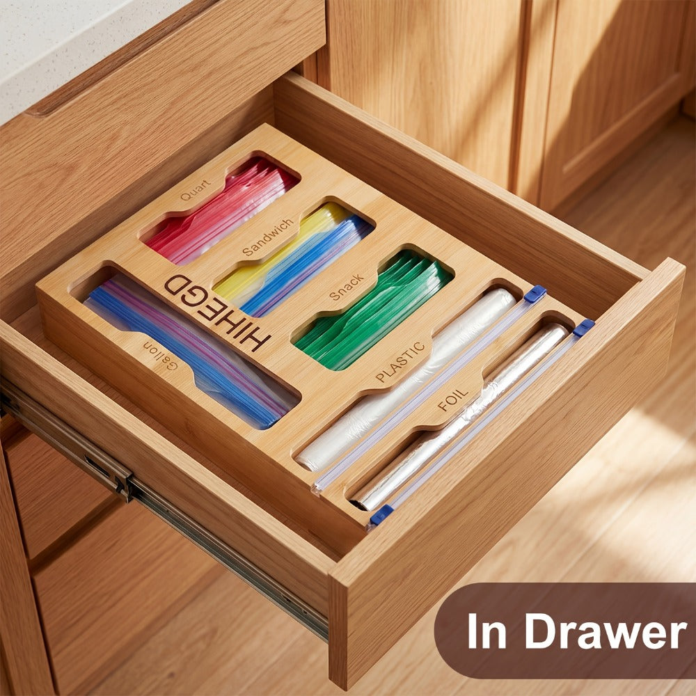Bamboo Wrap Dispenser Kitchen Organizer 6-in-1 Bag Storage Box with Dual Cutters for Drawer or Wall