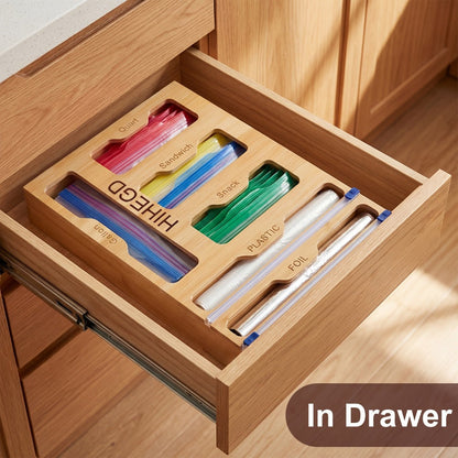 Bamboo Wrap Dispenser Kitchen Organizer 6-in-1 Bag Storage Box with Dual Cutters for Drawer or Wall