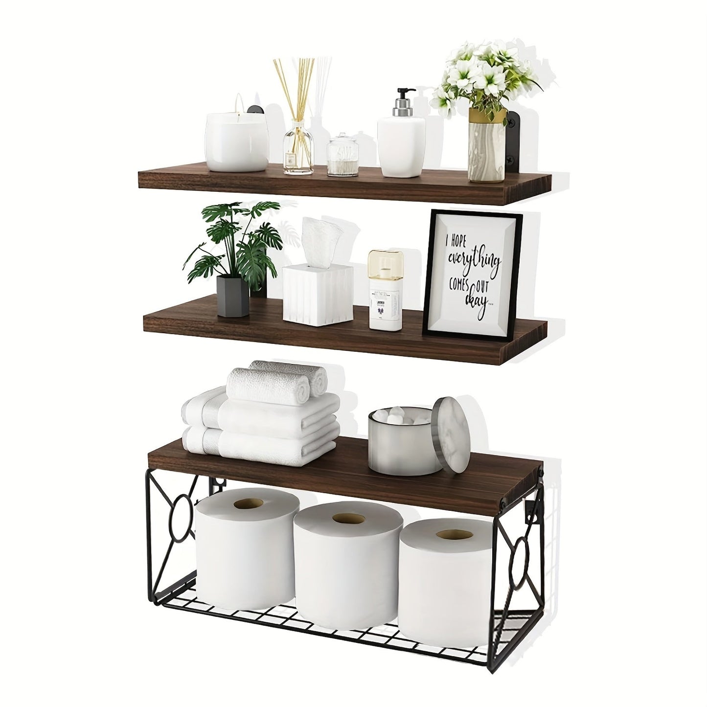 Floating Shelves Over Toilet 3-Piece Set | Farmhouse Bathroom Wall Mounted Storage Shelf for Toilet Paper, Towels & Decor – Black, Brown, Burlywood