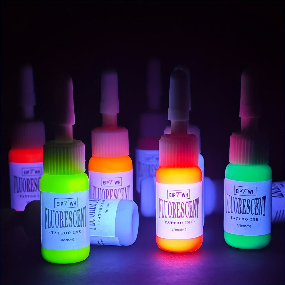 UV Tattoo Ink Set 10 Colors Fluorescent Neon Glow Blacklight Reactive Light-Reactive Long-Lasting Ink Bottles for Tattoo Artists Body Art Festival & Rave Events