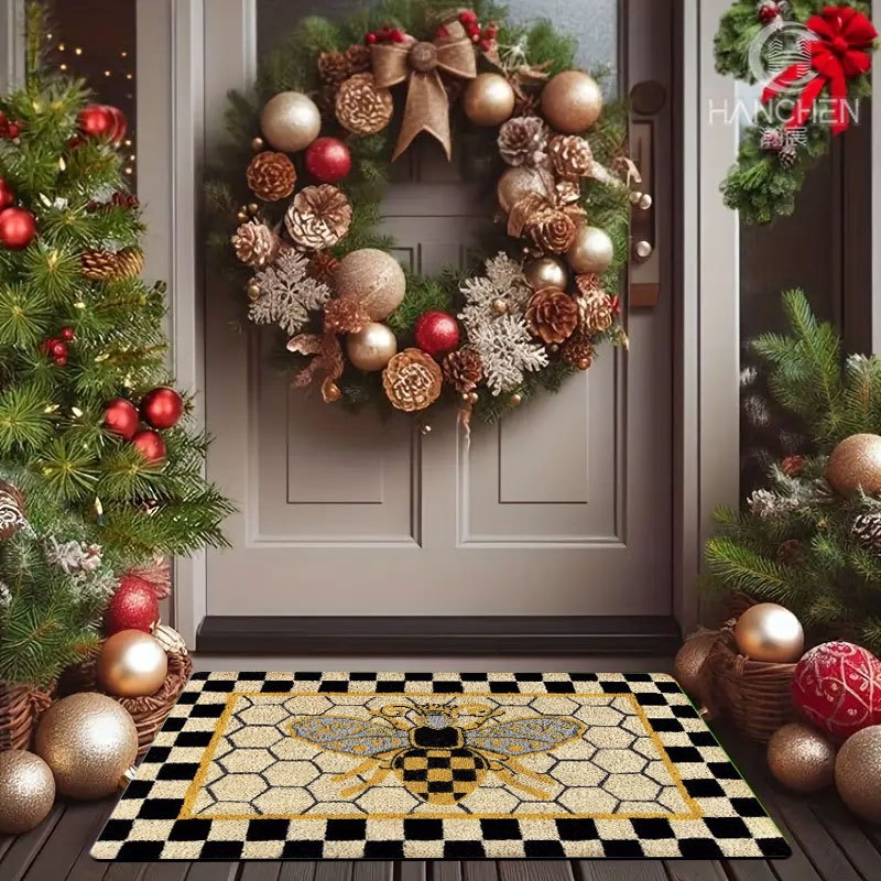 Bee Honeycomb Entryway Floor Mat with Black Check Border in Three Sizes from 15.74 x 23.62 to 17.71 x 47.24 Inches