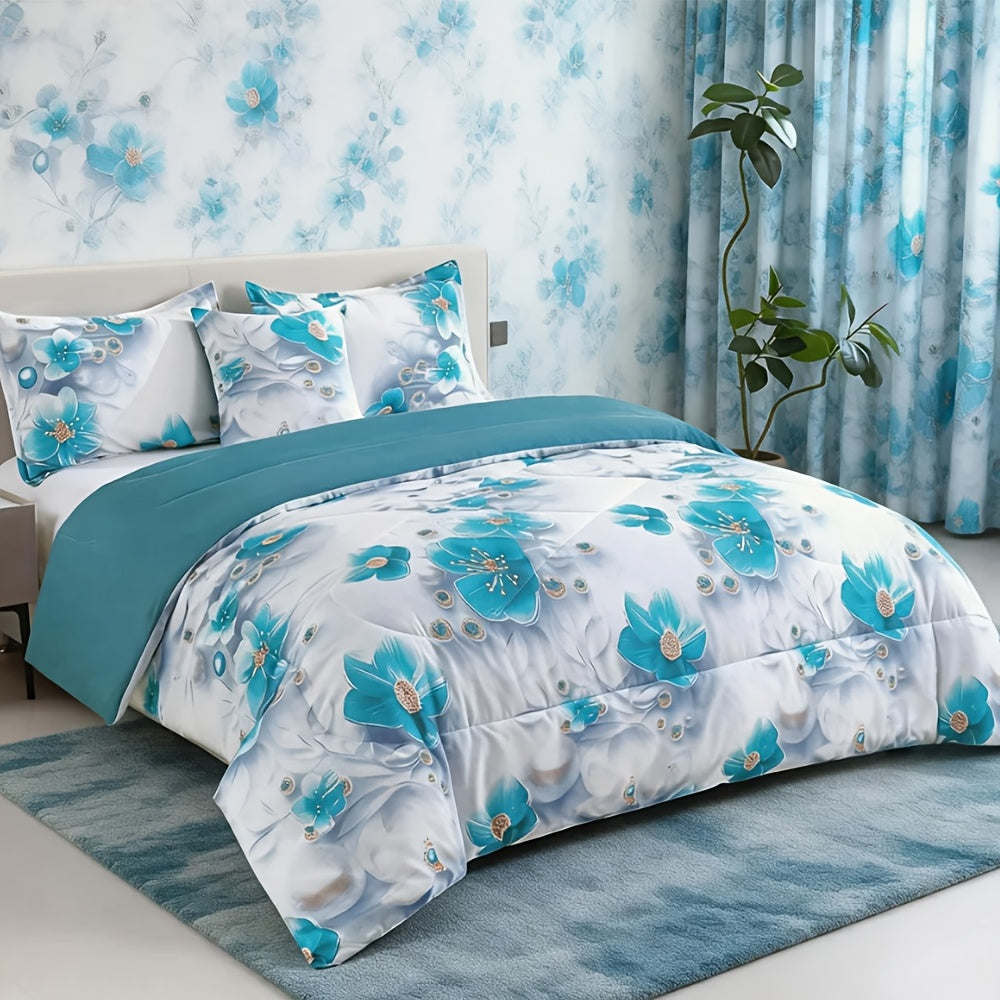Teal Floral Comforter Set Twin Queen King Gradient Oil Painting Style Botanical Luxury Quilt Bedding Soft Microfiber All Season Bed in a Bag Gift