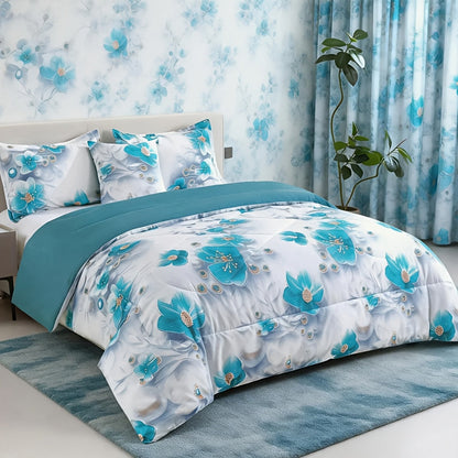 Teal Floral Comforter Set Twin Queen King Gradient Oil Painting Style Botanical Luxury Quilt Bedding Soft Microfiber All Season Bed in a Bag Gift