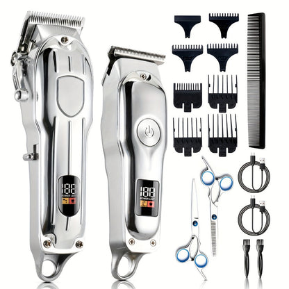 Professional Hair Clipper & Beard Trimmer Set - MENSURE Cordless 6000RPM Hair Cutting Kit with T-Blade Trimmer, 7 Guide Combs, LED Display & Type-C Fast Charging, Barber Kit for Men Home & Salon Use