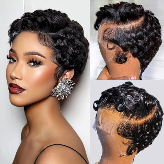 Pixie Cut Wig Human Hair 13x4 HD Lace Front Short Curly Body Wave Loose Deep Wave Finger Wave Pre-Plucked Glueless Natural Black Burgundy Chocolate Brown 6 Inch Undetectable Hairline