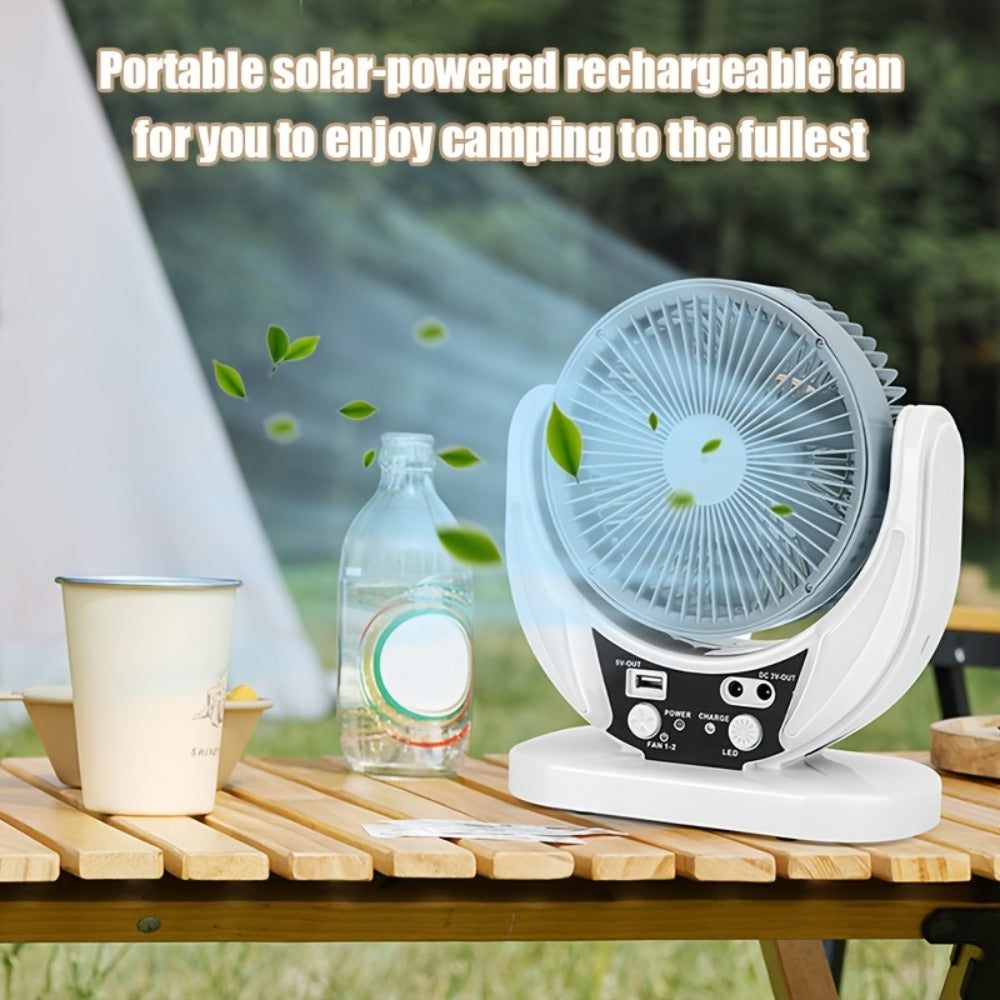 Solar Desk Fan with Adjustable Stand, Separate Panel, USB Input, Phone Output and 1-Piece Package