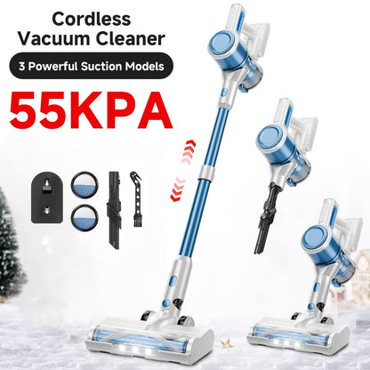 Cordless Vacuum Cleaner 55KPa 8-in-1 Stick Vacuum with LED Light 180° Swivel Lightweight Wireless for Hardwood Carpet Pet Hair Stairs Car Sofa Home Office