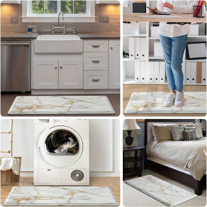 Marble-Pattern Kitchen Floor Mat in Three Exact Rectangular Sizes with Cushioned Low-Profile Form