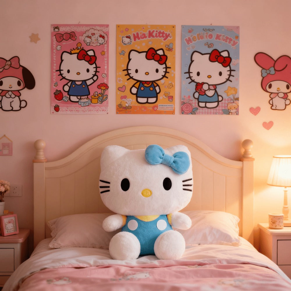 Plush Toy Bow-Wearing Cat Character Doll with Red, Pink or Blue Color Options and Soft Fabric