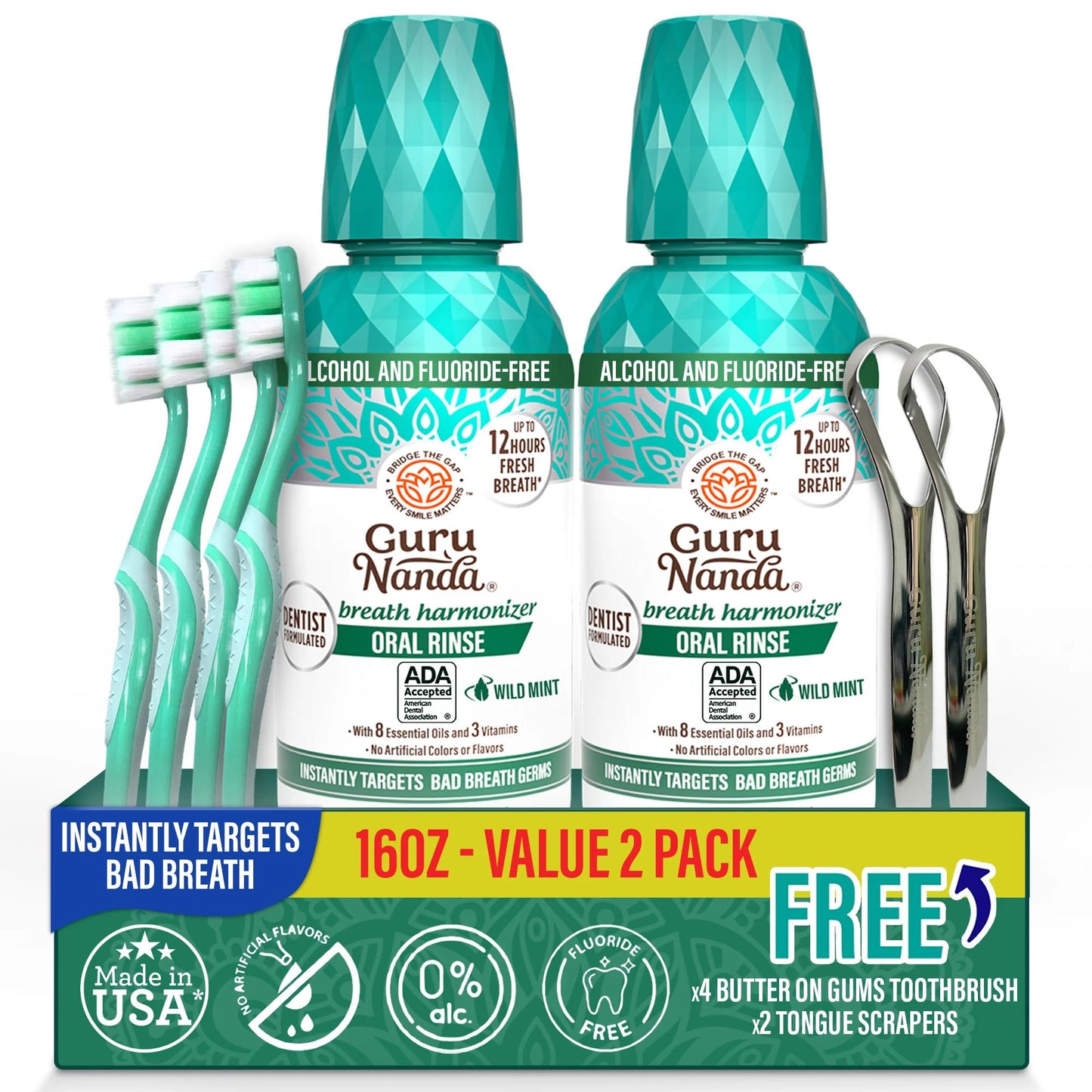 GuruNanda Alcohol Free Mouthwash 2 Pack 16 oz Each Fluoride Free Oral Rinse with 8 Essential Oils Sodium Chlorite Vitamins D3 E K2 ADA Accepted Wild Mint 24 Hour Fresh Breath for Adults