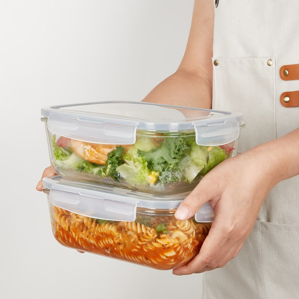 Glass Food Storage Containers with Lids 2 Pack – 63oz Large Airtight Snap Lock Meal Prep Containers, Leak Proof Glass Dish with Lid for Oven, Microwave & Refrigerator, Food Transport Tubs