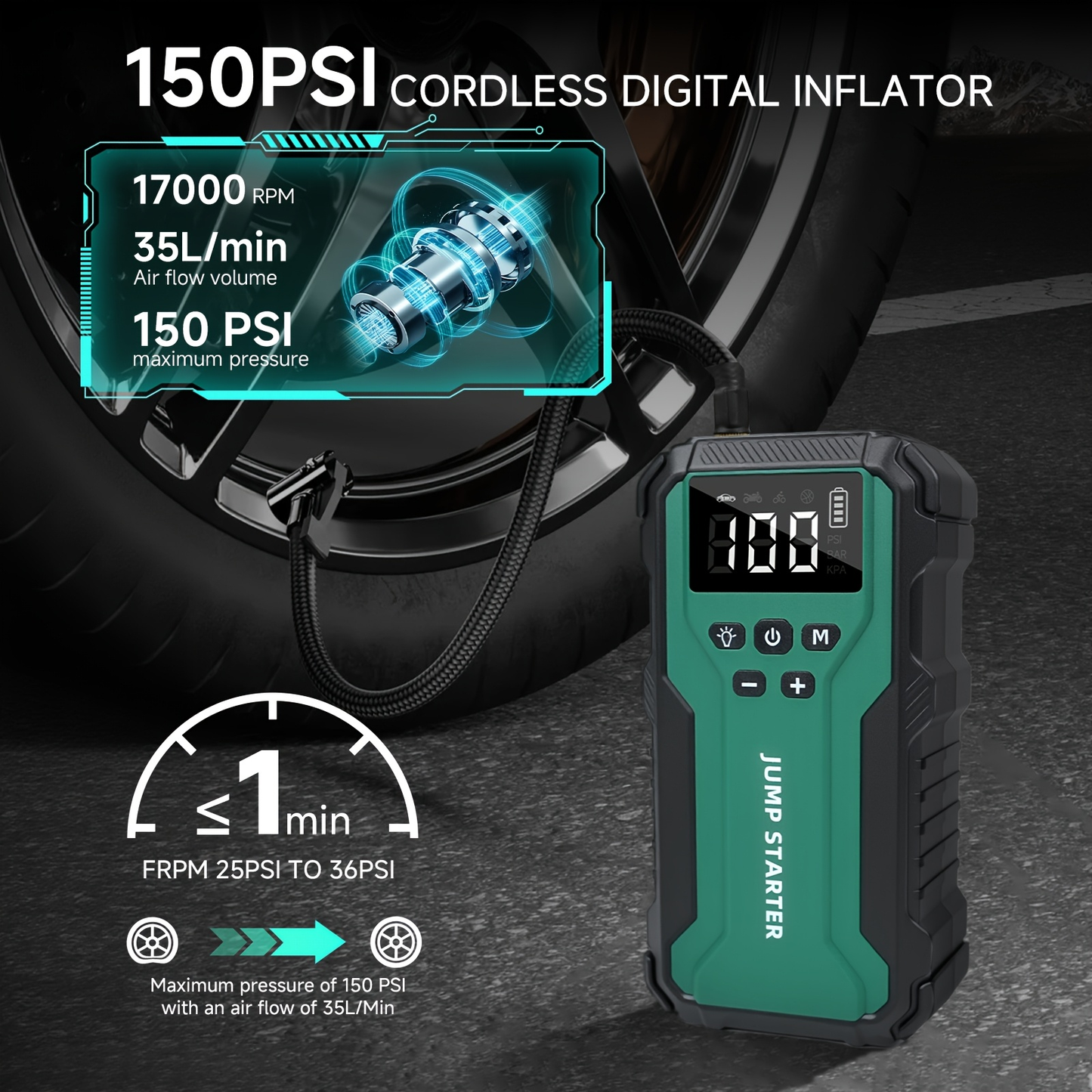 10000A Car Jump Starter with 12V Clamps, LED Light and Optional Integrated Air Pump in Red, Green or Gray