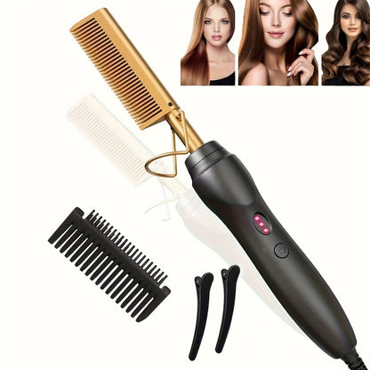 Electric Hot Comb Hair Straightener Ceramic Copper Heating Plate Portable Heat Press Comb for Curl Straight Style Beard Wig Wet Dry Hair Styling Tool for Women Men