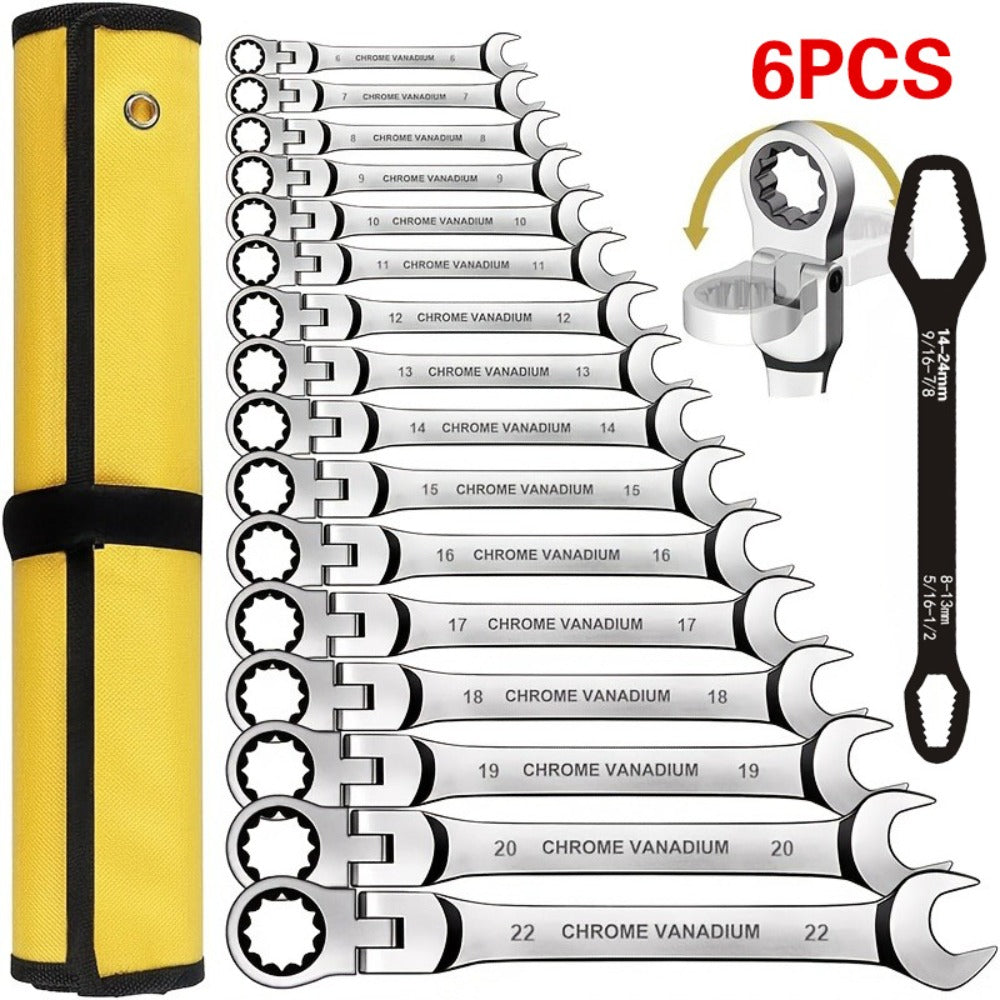 Six-Piece Metric Double-Ended Ratcheting Wrench Set with Flexible Heads, 6–10 mm Sizes and Roll Pouch