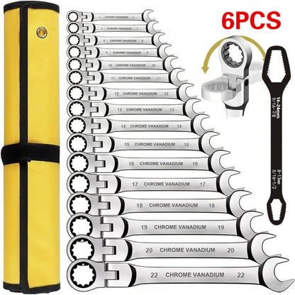Six-Piece Metric Double-Ended Ratcheting Wrench Set with Flexible Heads, 6–10 mm Sizes and Roll Pouch