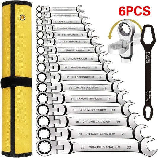 Flexible Head Ratchet Wrench Set 6-Piece – 72-Tooth 180° Dual-End CR-V Steel, Metric 6-10mm Double-Headed Wrenches for Auto, Motorcycle & Bike Repair, Compact Tool Kit