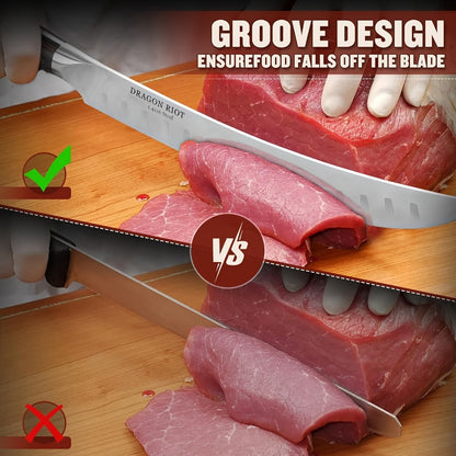 Brisket Carving Knife 10 Inch, High Carbon Steel Granton Edge Slicing Knife, Hand Forged Meat Carving Knife with Wood Handle for BBQ