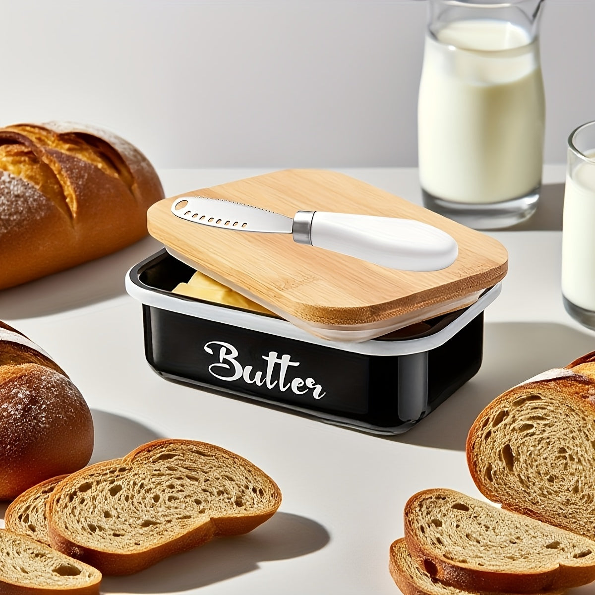 Black, Grey or Green Metal Butter Dish with Bamboo Lid, White-Handle Knife and 15.6 x 10.9 x 6 cm Size