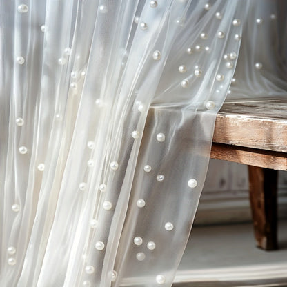 White Pearl-Embellished Sheer Tulle Fabric Roll in 160 x 300 cm Size for Backdrops and Table Decor