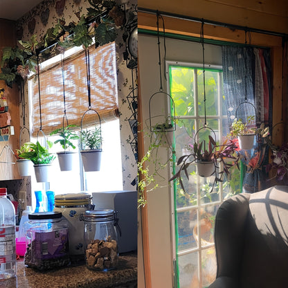 Adjustable Black Metal Hanging Plant Rack with Four Pot Holders for Wall or Window Display