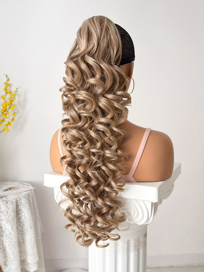 Curly Ponytail Extension 28 Inch Long Heat Resistant Synthetic Clip In Wrap Around Hairpiece Voluminous Bouncy Curls 4 Styles for Women Everyday Parties Festivals