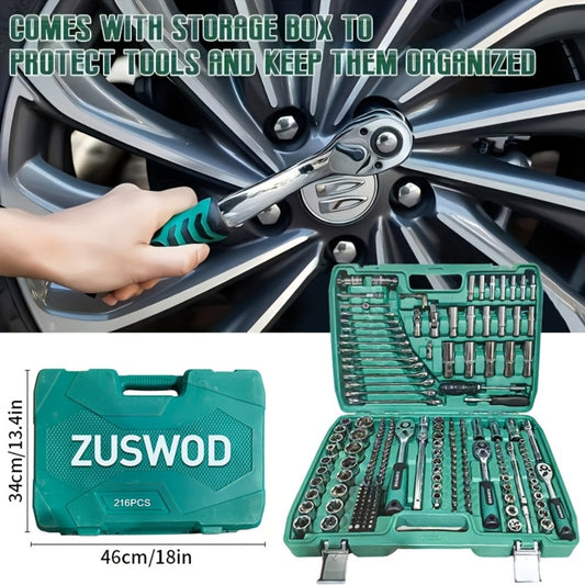 216-Piece Professional Socket Set 1/4" 3/8" 1/2" Drive - S2 & CR-V Steel Ratchet Wrench Kit with Deep & Standard Sockets for Auto Repair Automotive Mechanic