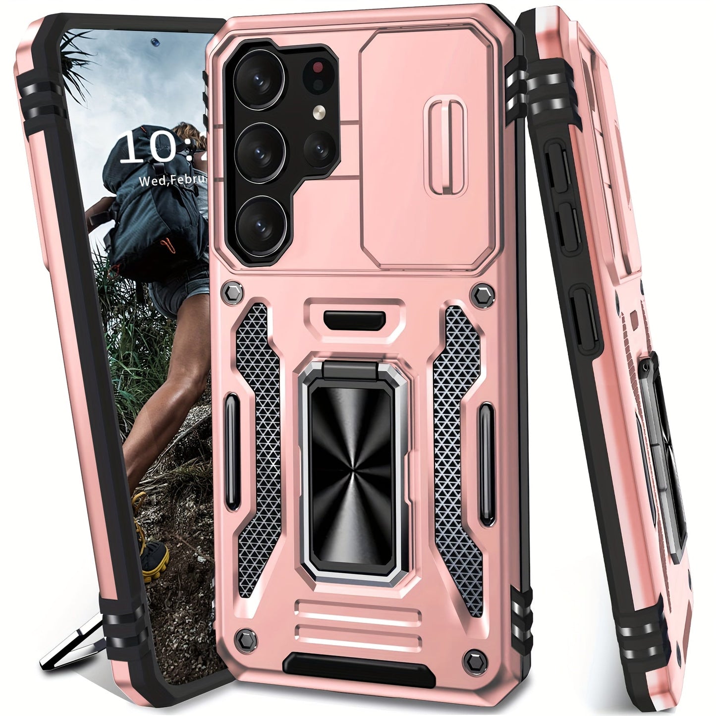 Samsung Galaxy Shockproof Magnetic Phone Case with 360° Rotating Ring Bracket & Sliding Lens Protector – Heavy Duty Cover for S24FE S23FE S22 S21FE Ultra A55 A54 A35 A34 A25 A24 A16 A15 A14 A06 A05 A05S 5G