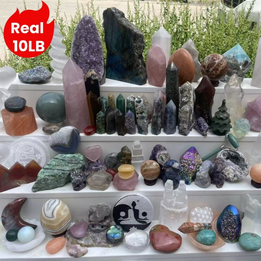 Ten-Pound Mixed Crystal and Gemstone Decorative Collection with Towers, Spheres, Clusters and Rough Stones