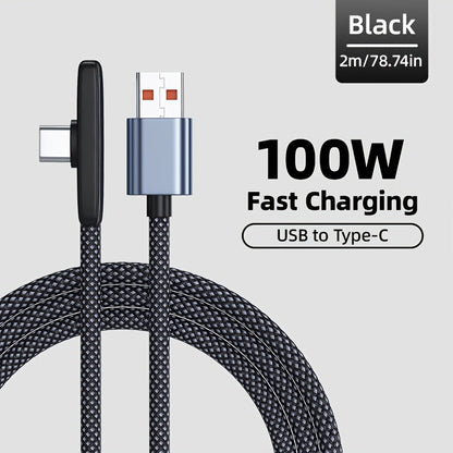 Right-Angle USB Charging Cable with USB-A or USB-C Input Options, 100W Marking and 1 m or 2 m Lengths