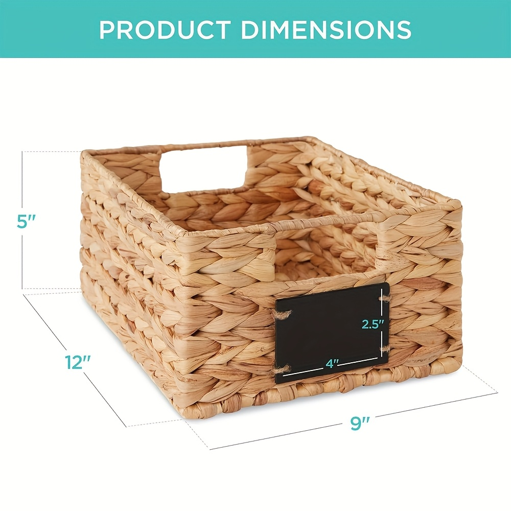 Pantry Baskets with Chalkboard Labels - Natural Water Hyacinth Woven Storage Bins 9"x12"x5", Kitchen Shelf Organizers, Available in 1, 2 & 4 Pack