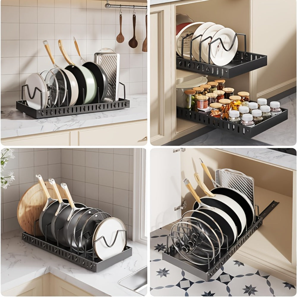 Two-Piece Pull-Out Cabinet Organizer for Pot Lids and Cookware with Removable Dividers in Black or White