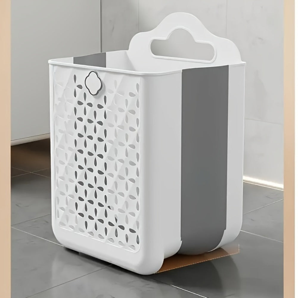 Foldable Laundry Basket Wall Mounted – No-Drill Plastic Storage Bin with Cutout Design for Clothes, Toys, Snacks & Fruits – Space-Saving Collapsible Organizer for Bathroom, Balcony & Bedroom