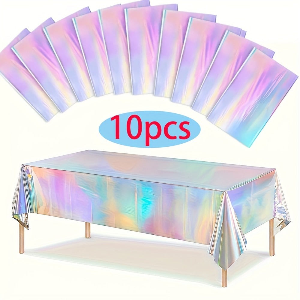 Holographic Rainbow Party Table Covers in a 10-Piece Pack, Each Measuring 74 x 54 Inches for Events
