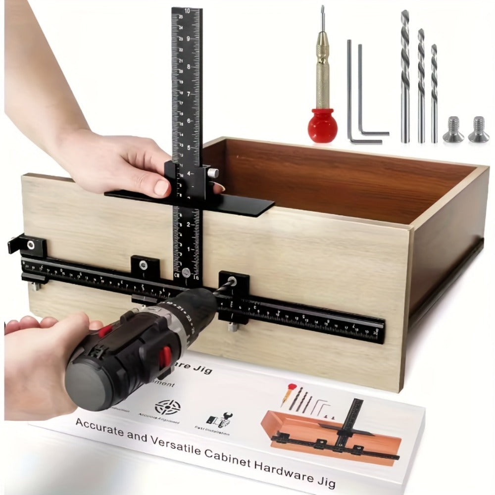 Adjustable Cabinet Hardware Drilling Jig with Aluminum Guide, Metric Scale and Handle-Pull Template Parts
