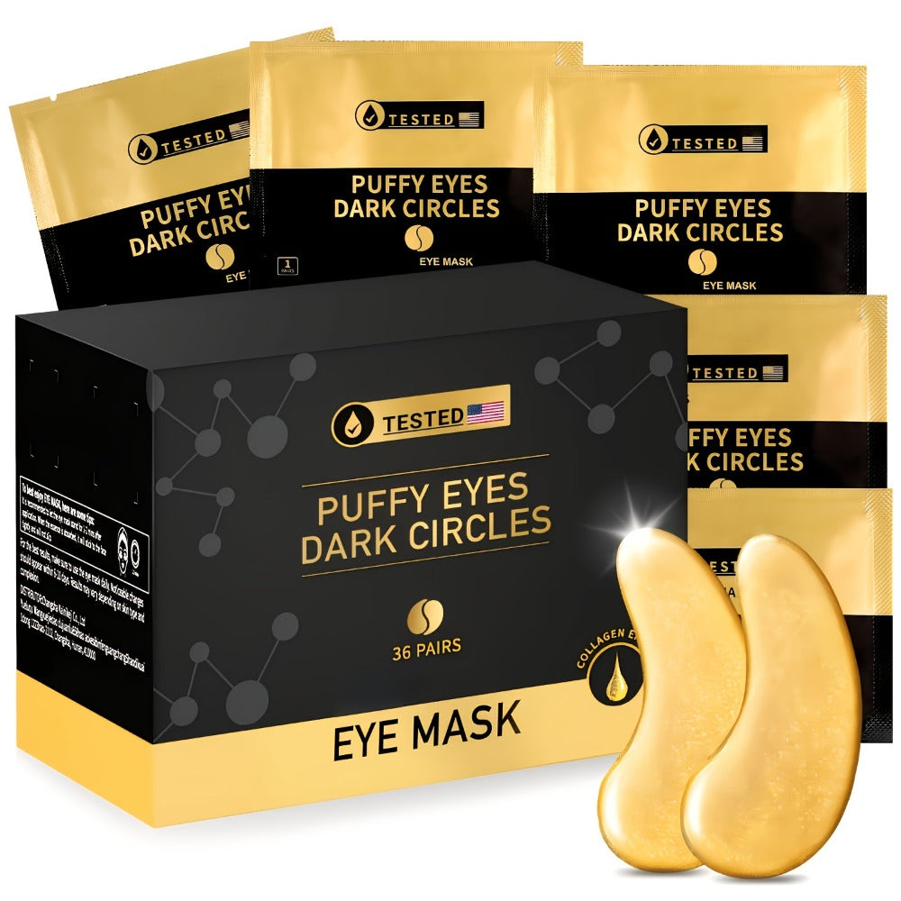 36-Pair Gold-Tone Under-Eye Patch Box with Individual Packs and Collagen, Glycerin and Hyaluronic Acid Wording