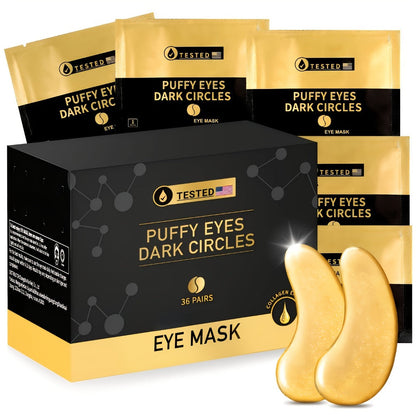 36-Pair Gold-Tone Under-Eye Patch Box with Individual Packs and Collagen, Glycerin and Hyaluronic Acid Wording