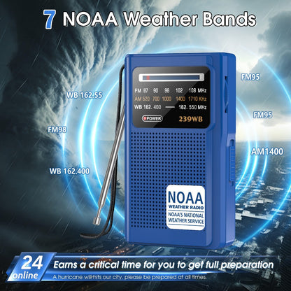 Portable AM/FM/NOAA Weather Radio with 2-AA Battery Power, Earphone Jack and Three Color Options