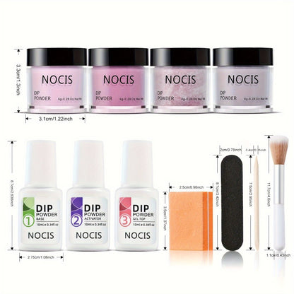 Nude Pink Glitter Dip Powder Kit 4 Colors with Base Coat Top Coat & Activator — All-in-One Beginner Starter Set for French Nail Art Salon & Home Manicure
