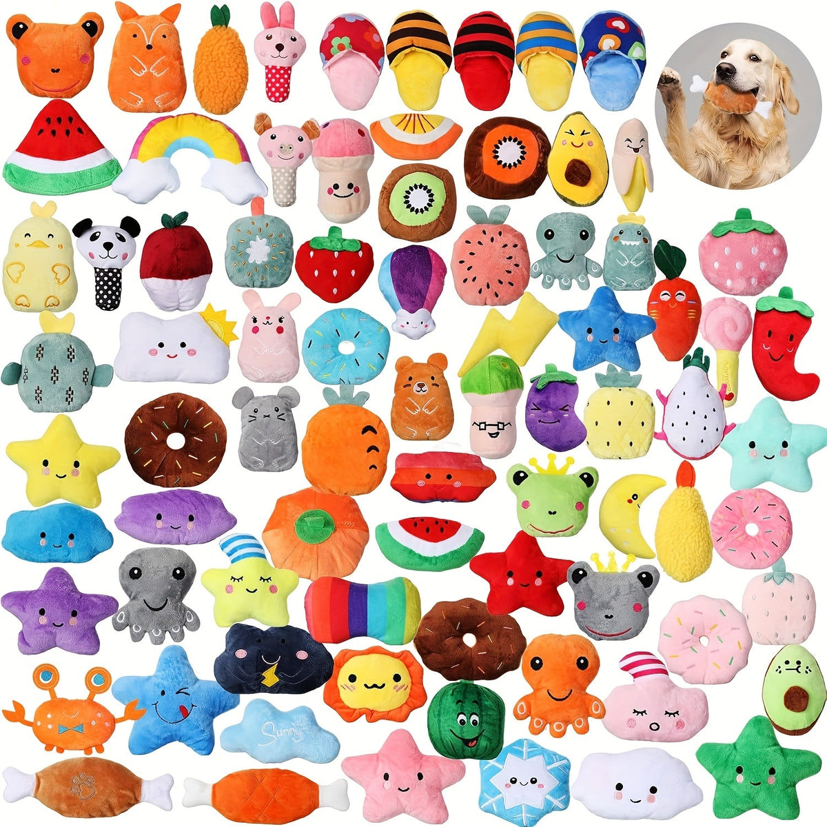 Dog Toys 80-Piece Squeaky Plush Assortment with Fruit, Animal and Novelty Shapes for Small or Medium Dogs