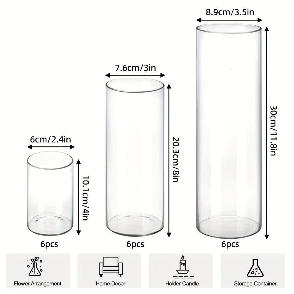 Clear Glass Cylinder Vase Set with 4-, 8- and 12-Inch Heights in 18- or 36-Piece Options for Table Displays