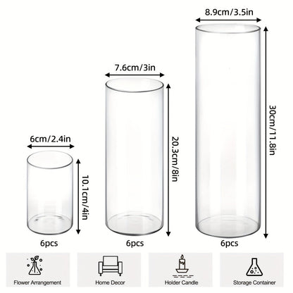 Clear Glass Cylinder Vase Set with 4-, 8- and 12-Inch Heights in 18- or 36-Piece Options for Table Displays