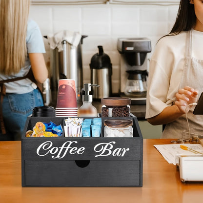 Coffee Bar Station Kitchen Organizer Wood Countertop Rack with Five Compartments and One Drawer