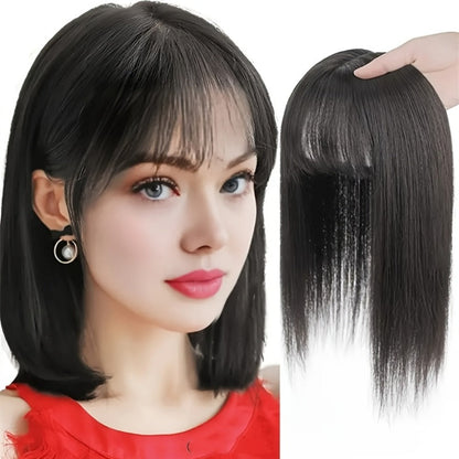 10-Inch Clip-In Hair Topper with Bangs in Black, Dark Brown or Light Brown Crown Coverage Options