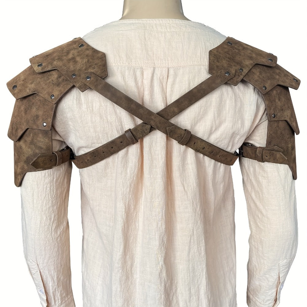 Medieval Costume Shoulder Armor Pair with Layered Riveted Panels, Cross-Back Straps and Three Checkout Colors